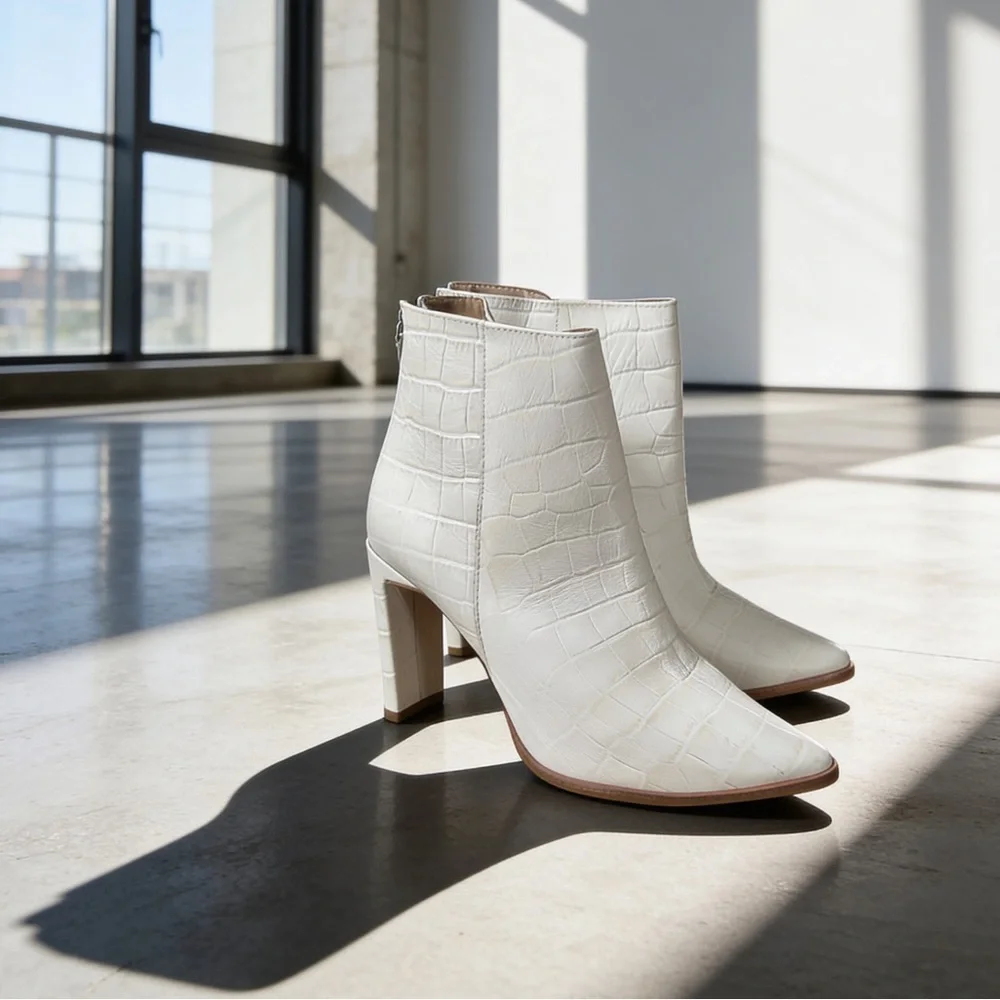 This is a Kaanas Cologne Croc-Embossed High-Heeled Boot in ivory bovine leather